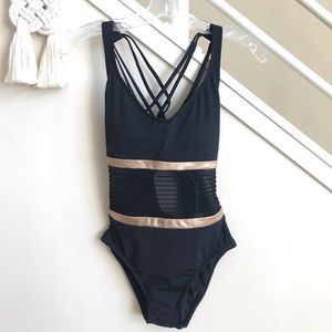 Blue Rod Beattie Crisscross Back Straps One Piece Swimsuit Black Rose Gold 4 NWT